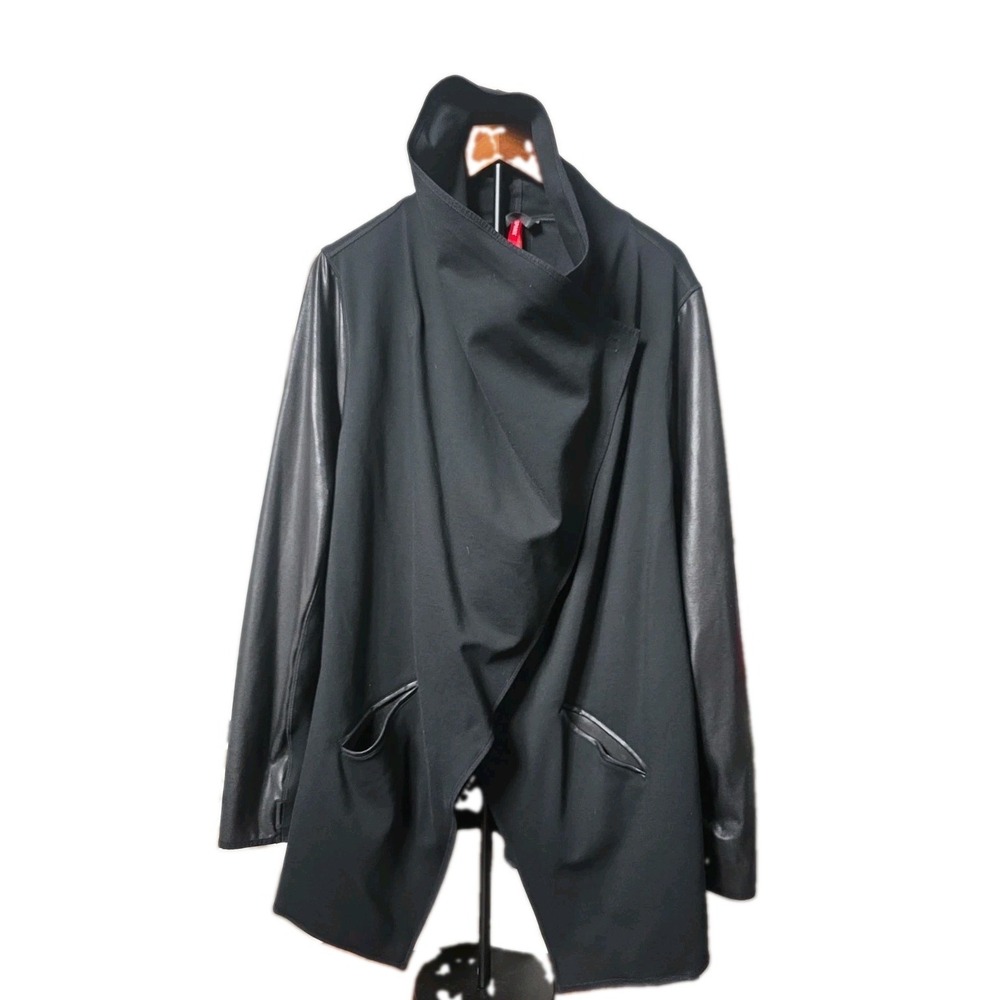 Spanx Drape Front Jacket 2X Black Faux Leather Sleeve